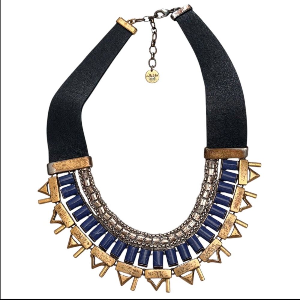 Stella & Dot Natalie Statement Bib Reversible Necklace Black Leather Gold Tone